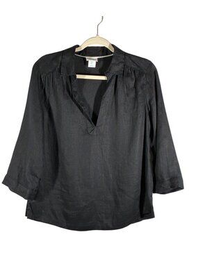 Sigrid Olsen Black Linen popover Tunic Blouse top Womens Small 3/4 Sleeve Relaxe